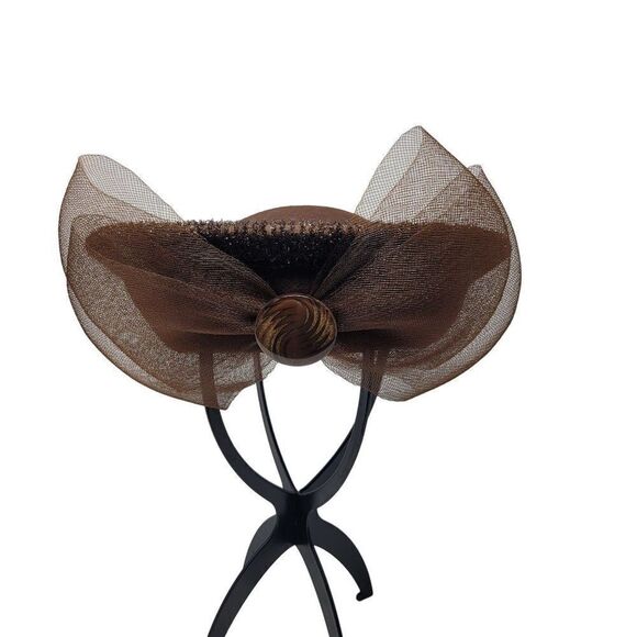 Vintage Unique Rare Wool Church Hat Bumper Halo‎ Brown Netted Bow Chocolate main image 6